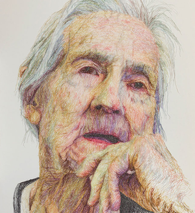 Dementia daring by Jenni Dutton, large scale portrait of the artists Mother in thread